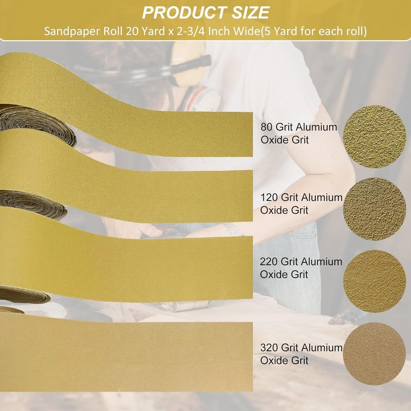 Toromp Total 20 Yards Long Continuous Roll Kit - 80 120 220 320 Grit PSA Longboard Sandpaper, 2-3/4" Wide - Self Adhesive Stickyback Sandpaper for Automotive, Woodworking, Hand Sanding Blocks - Image 2